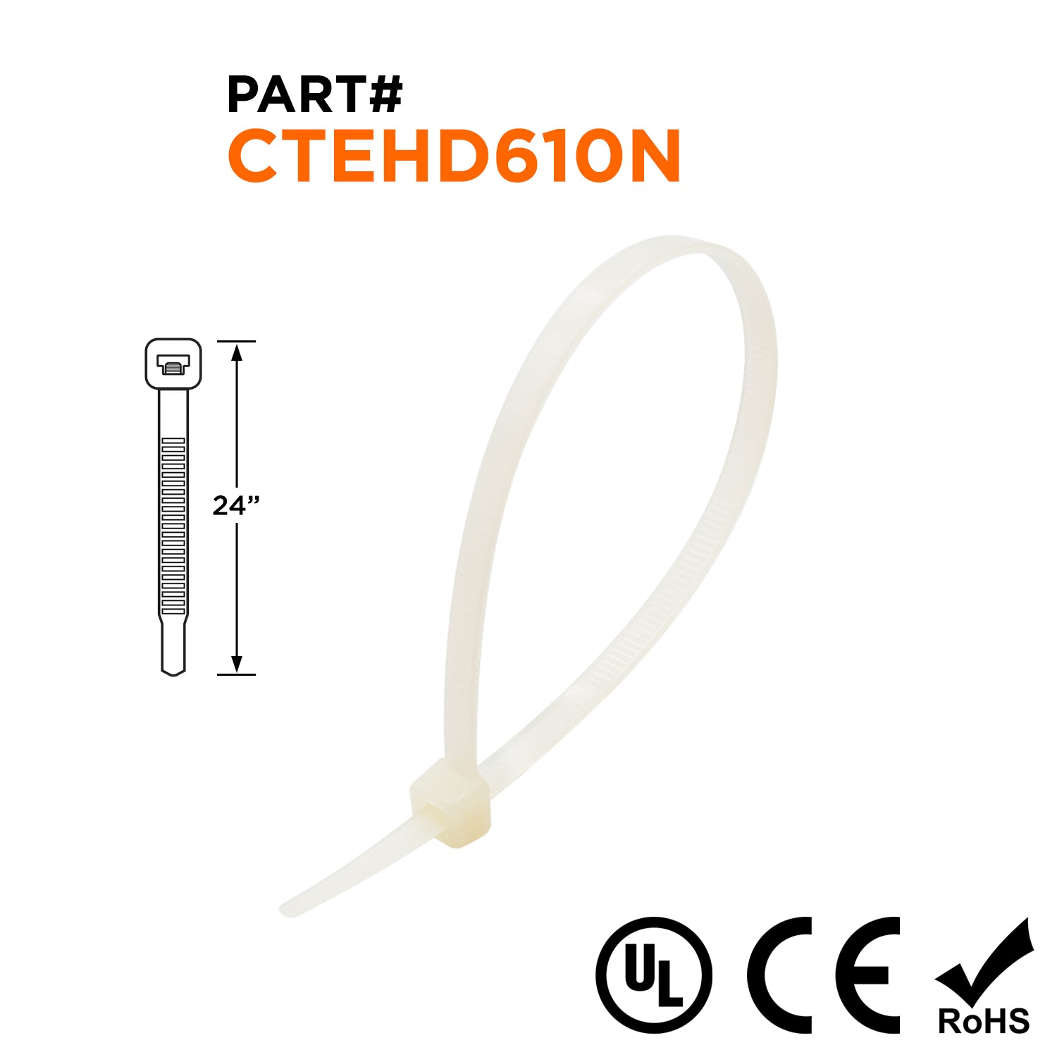 CTEHD610N - 24" Extra Heavy Duty Cable Ties, 175-lb Tensile Strength, Natural, 100 Pieces