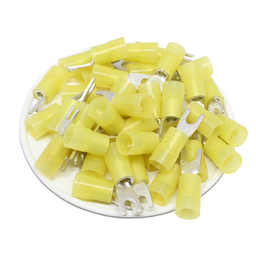 SNYB5-3.7 - 12 to 10 AWG Nylon Insulated Spade Terminals, #6 Stud, UL Recognized, 50 Pieces