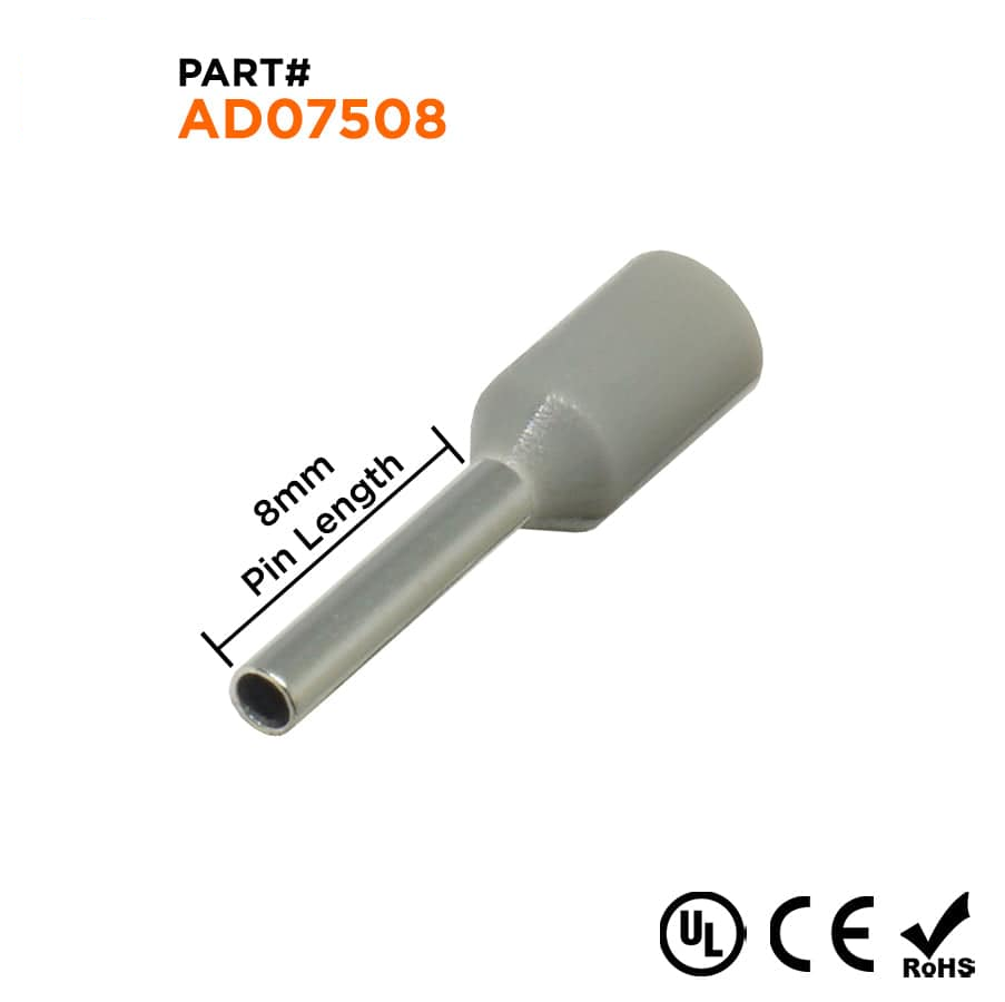 AD07508 - 20 & 18 AWG Insulated Wire Ferrules, 8mm Pin, Gray, UL Recognized, 500 Pieces
