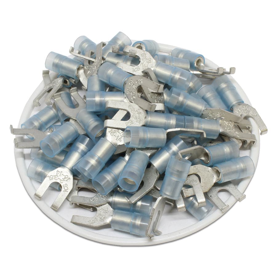 FSNYDL2-37 - 16 to 14 AWG Nylon Insulated Flange Spade Terminals, #6 Stud, Double Crimp, Long, 100 Pieces