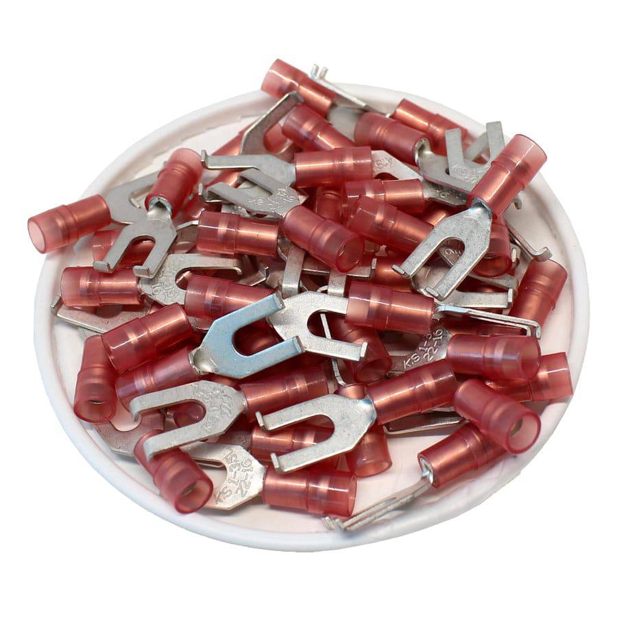 FSNYDL1-37 - 22 to 16 AWG Nylon Insulated Flange Spade Terminals, #6 Stud, Double Crimp, 100 Pieces