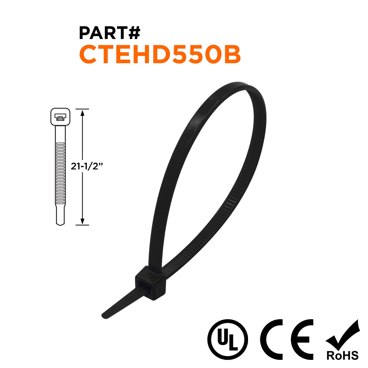 CTEHD550B - 21-1/2" Extra Heavy Duty Cable Ties, 175-lb Tensile Strength, Black, UV Resistant, 100-Pack