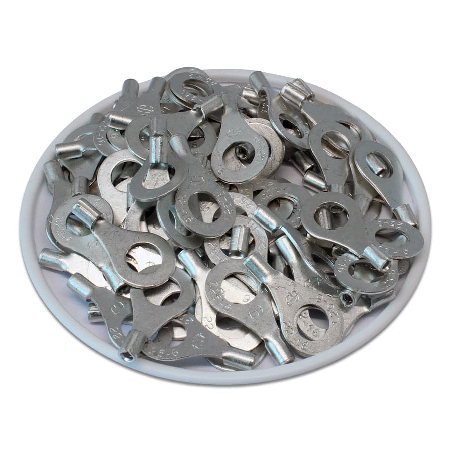 RNB1-6 - 22 to 16 AWG Non Insulated Ring Terminals, 1/4" Stud, UL Recognized, 100 Pieces