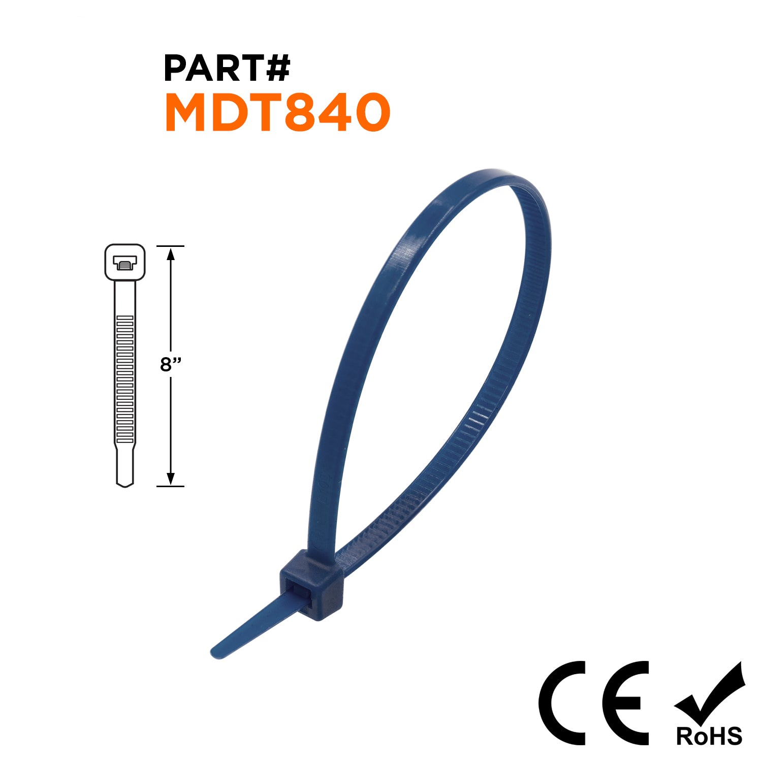 MDT840 - 8" Metal Detectable Cable Ties, 40-lb Tensile Strength, Teal/Blue, 100-Pack