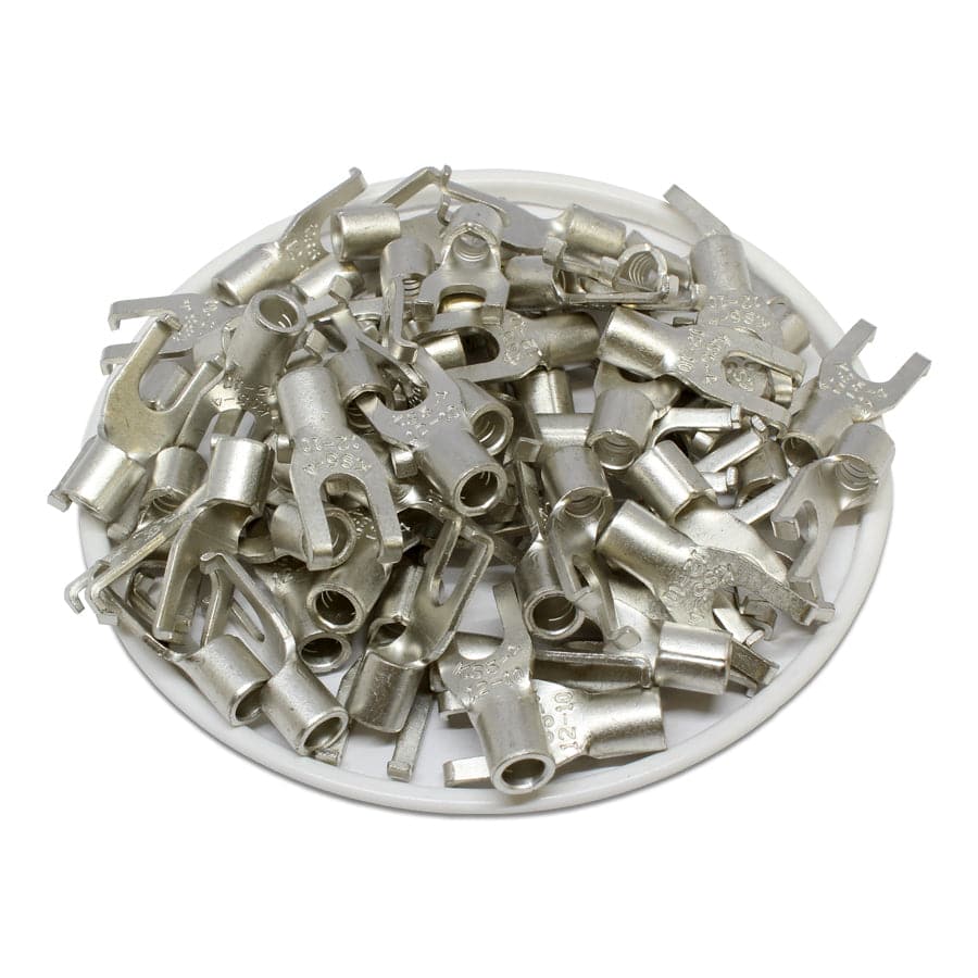 FSNB5-4 - 12 to 10 AWG Non Insulated Flange Spade Terminals, #8 Stud, UL Recognized, 100 Pieces