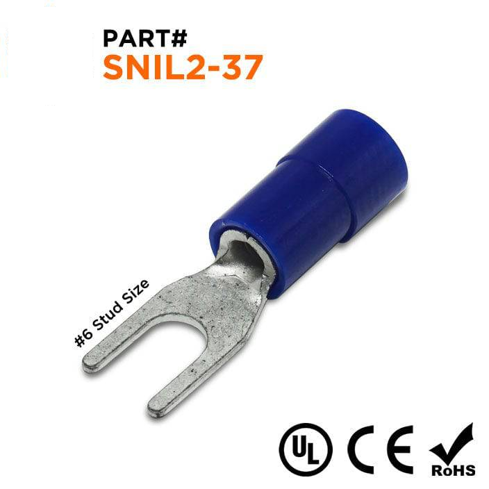SNIL2-37 - 16 to 14 AWG Polycarbonate Spade Terminals, #6 Stud, UL Recognized, 100 Pieces