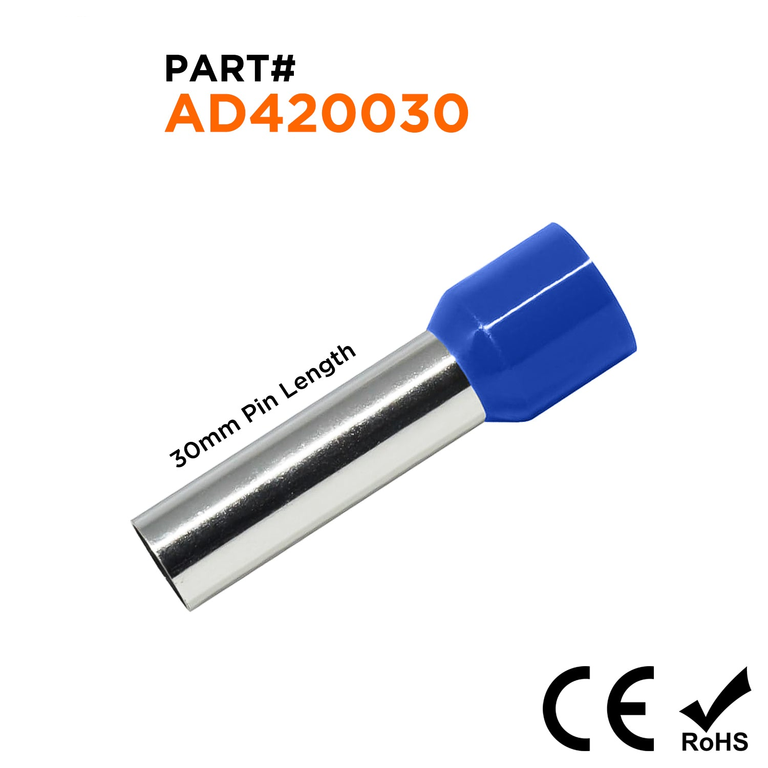 AD420030 - 1 AWG (Small Diameter) Insulated Punteras, 30mm Pin, Azul, 50 piezas