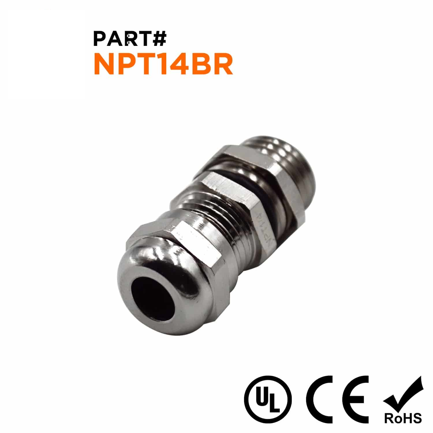 N1407BR - 1/4" NPT Thread Plated Brass Cable Gland, Range: 1/8" to 3/16", UL Listed, IP68, IP69K - 1 Piece