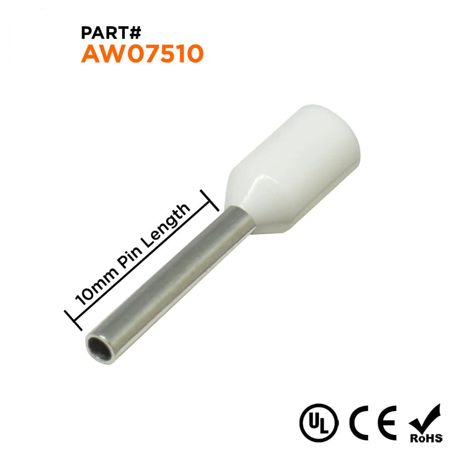 AW07510 - 20 & 18 AWG Insulated Punteras, 10mm Pin, Blanco, UL Recognized, 500 piezas