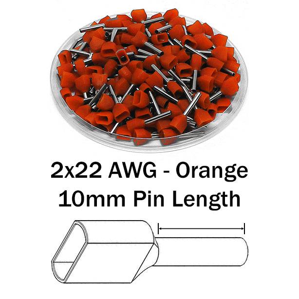 TW05010 - 22 AWG Twin Wire Ferrules, 10mm Pin, Orange, 500 Pieces
