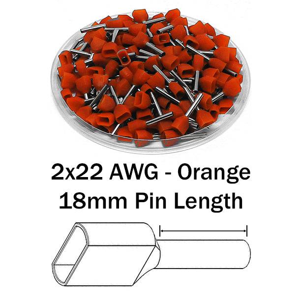 TW05018 - 2x22 AWG (18mm Pin) Twin Punteras - Naranja, 500 piezas