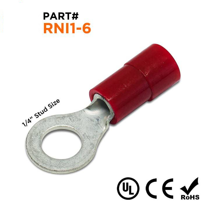 RNI1-6 - 22 a 16 AWG Polycarbonate Terminales de anillo, 1/4" Orificio, UL Recognized, 100 piezas