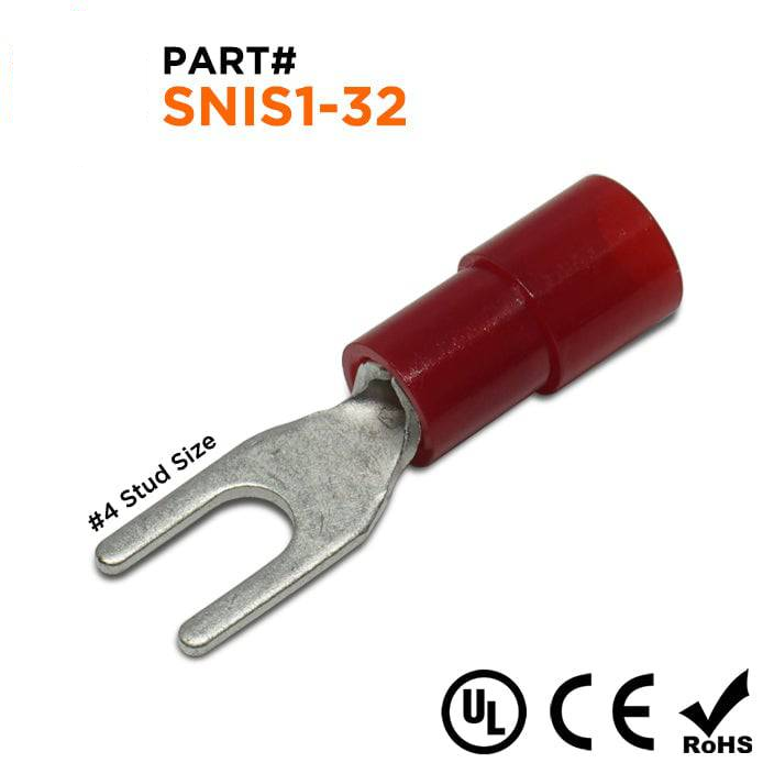 SNIS1-32 - 22 to 16 AWG Polycarbonate Spade Terminals, #4 Stud, 100 Pieces
