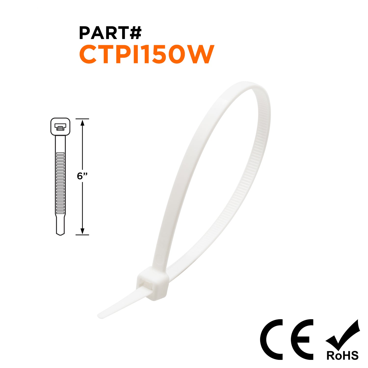 CTPI150W - 6" Polypropylene Intermediate Bridas, 18-lb Tensile Strength, Blanco, 100-Pack