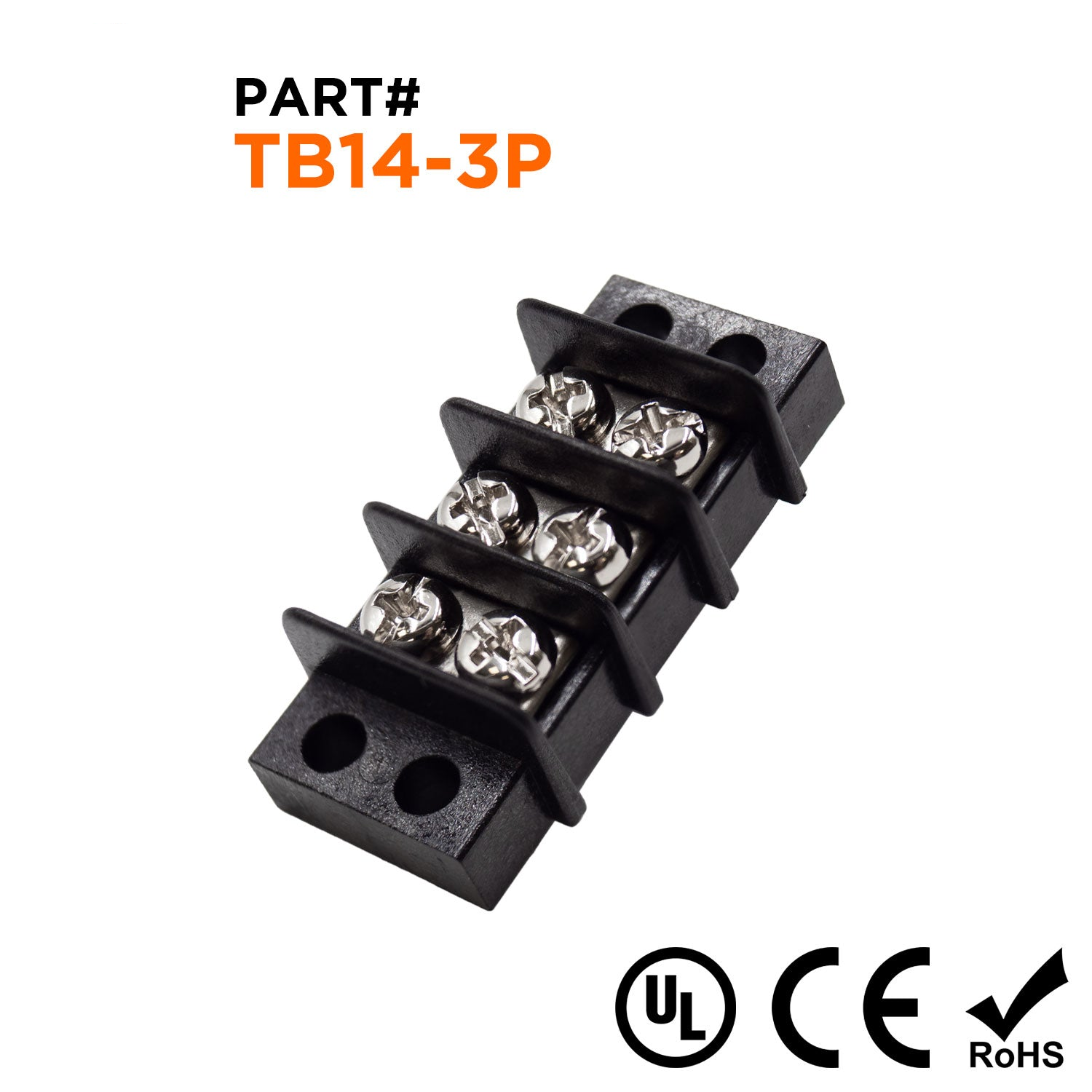 TB14-3P - Barrier Strip Terminal Block, Terminal Strip, 3 Pole, Double Row, 15A, 300V, UL Approved, 1 Piece