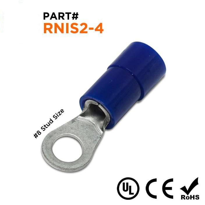 RNIS2-4 - 16 a 14 AWG Polycarbonate Terminales de anillo, #8 Orificio, UL Recognized, 100 piezas