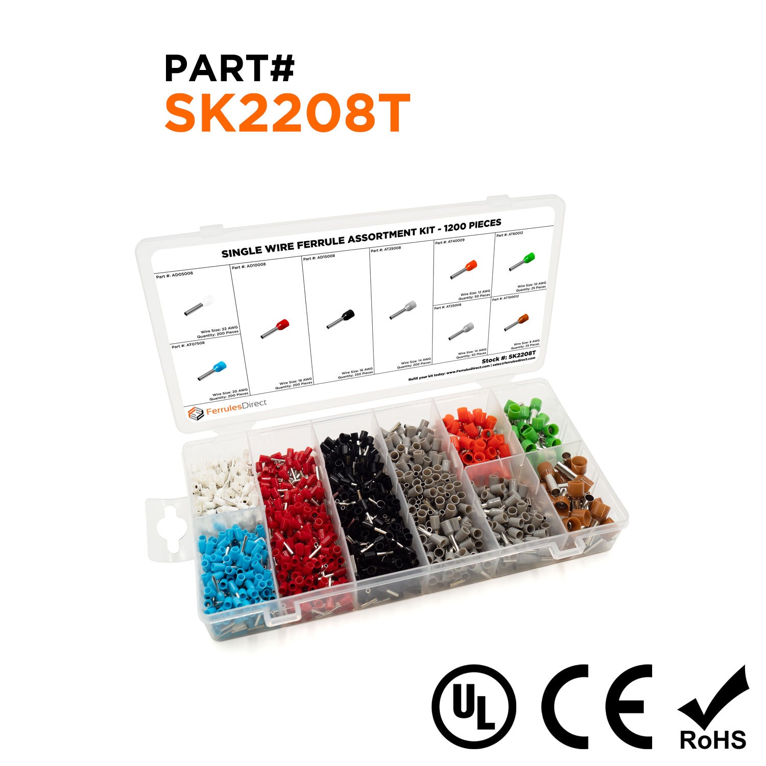 SK2208T - 22 a 8 AWG Single Insulated Puntera Assortment Kit, 1200 piezas, Series T, 1 Kit
