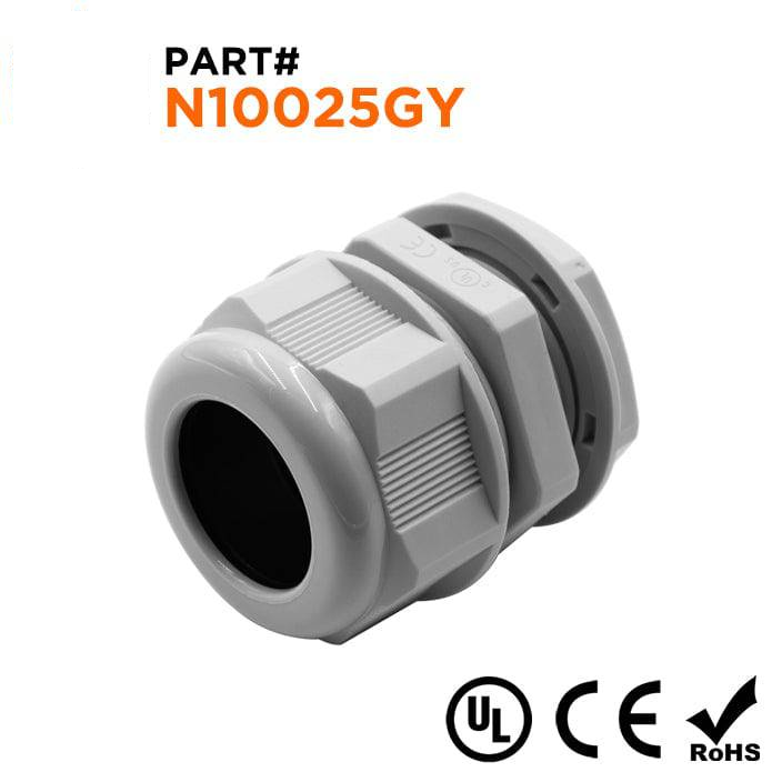 N10025GY - 1" NPT Thread Nylon Cable Gland, Gray, Range: 11/16" to 1", UL Listed, IP68, IP69K - 1 Piece