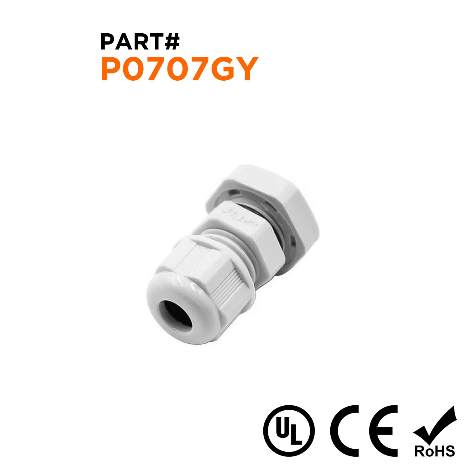 P0707GY - PG7 Rosca De nailon Prensaestopas, Gris, Rango: 1/8" a 1/4", UL Listed, IP68, IP69K - 1 pieza