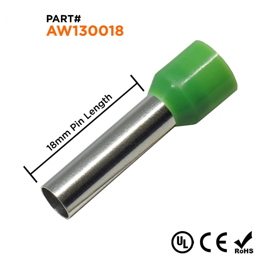 AW130018 - 6 AWG (Small Diameter) Insulated Punteras, 18mm Pin, Verde, 100 piezas