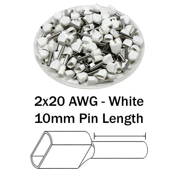 TW07510 - 20 AWG Twin Wire Ferrules, 10mm Pin, White, 500 Pieces