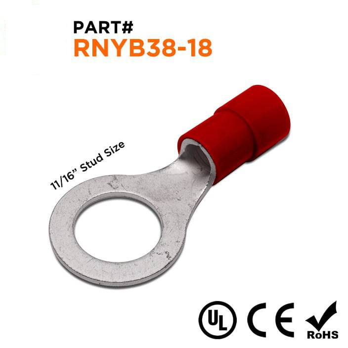RNYB38-18 - 2 AWG Nylon Insulated Ring Terminals, 11/16" Stud, 10 Pieces
