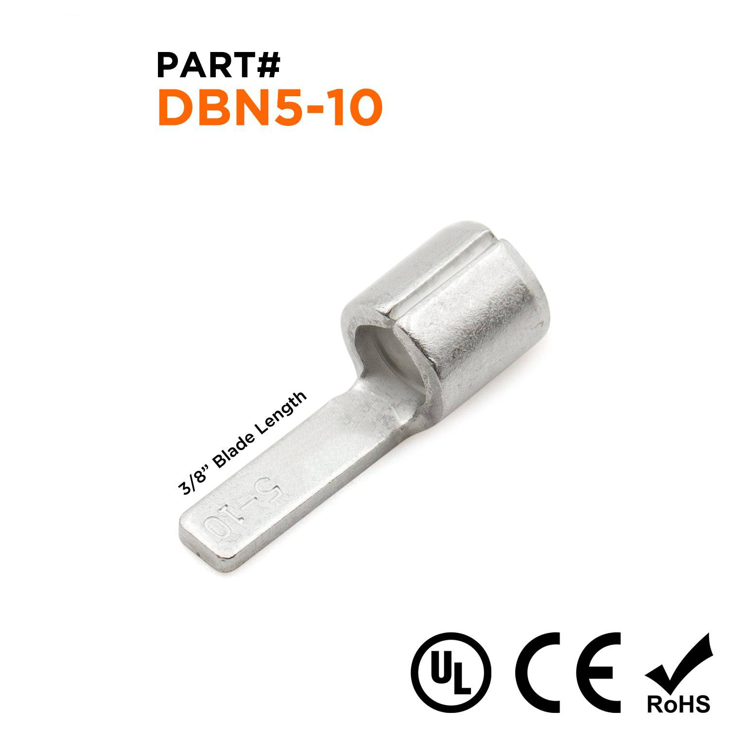 DBNB5-10 - 12 to 10 AWG Non Insulated Blade Terminals, 3/8" Blade Length x 0.110" Width, 100 Pieces