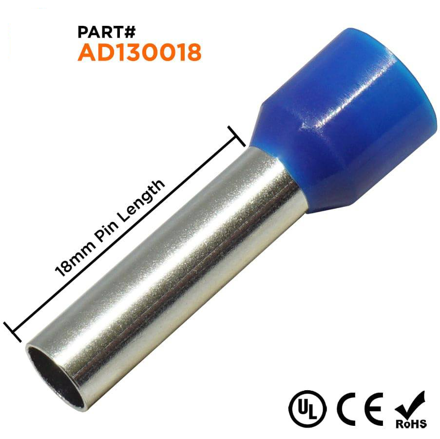 AD130018 - 6 AWG (Small Diameter) Insulated Wire Ferrules, 18mm Pin, Blue, 100 Pieces