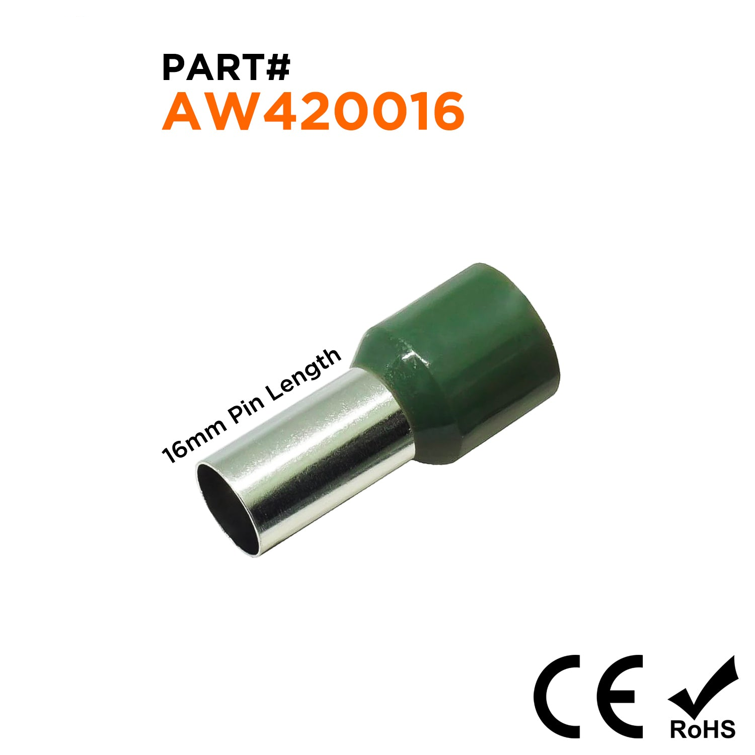 AW420016 - 1 AWG (Small Diameter) Insulated Wire Ferrules, 16mm Pin, Olive Green, 50 Pieces