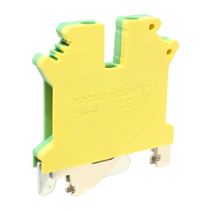 UKJ-2.5JD - 24 a 12 AWG Screw Clamp, Feed-Thru, Ground Terminal Block, UL Approved, Amarillo-Verde