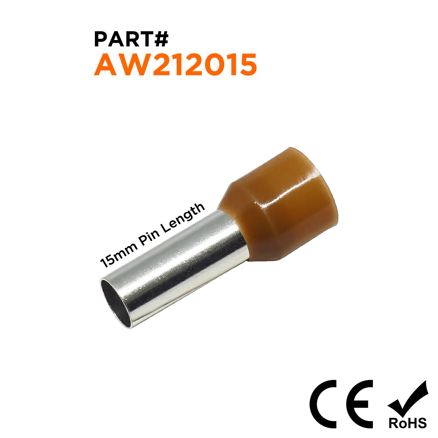 AW212015 - 4 AWG (Small Diameter) Insulated Wire Ferrules, 15mm Pin, Brown, 100 Pieces