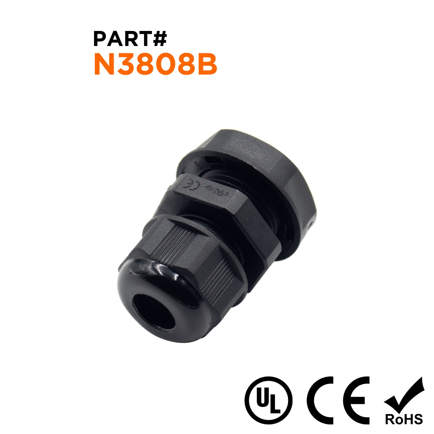 N3808B - 3/8" NPT Thread Nylon Cable Gland, Black, Range: 3/16" to 5/16", UL Listed, IP68, IP69K - 1 Piece