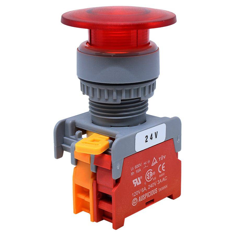 LXE22-7/C-RD - 22mm Illuminated Mushroom Head Push Button - 24V - Rojo
