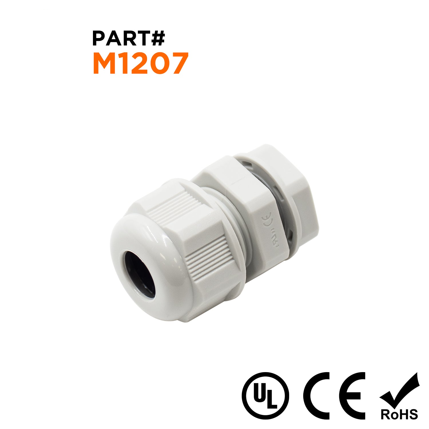 M1207GY - M12 x 1.5mm Metric Thread Nylon Cable Gland, Gray, Range: 1/8" to 1/4"", UL Listed, IP68, IP69K - 1 Piece