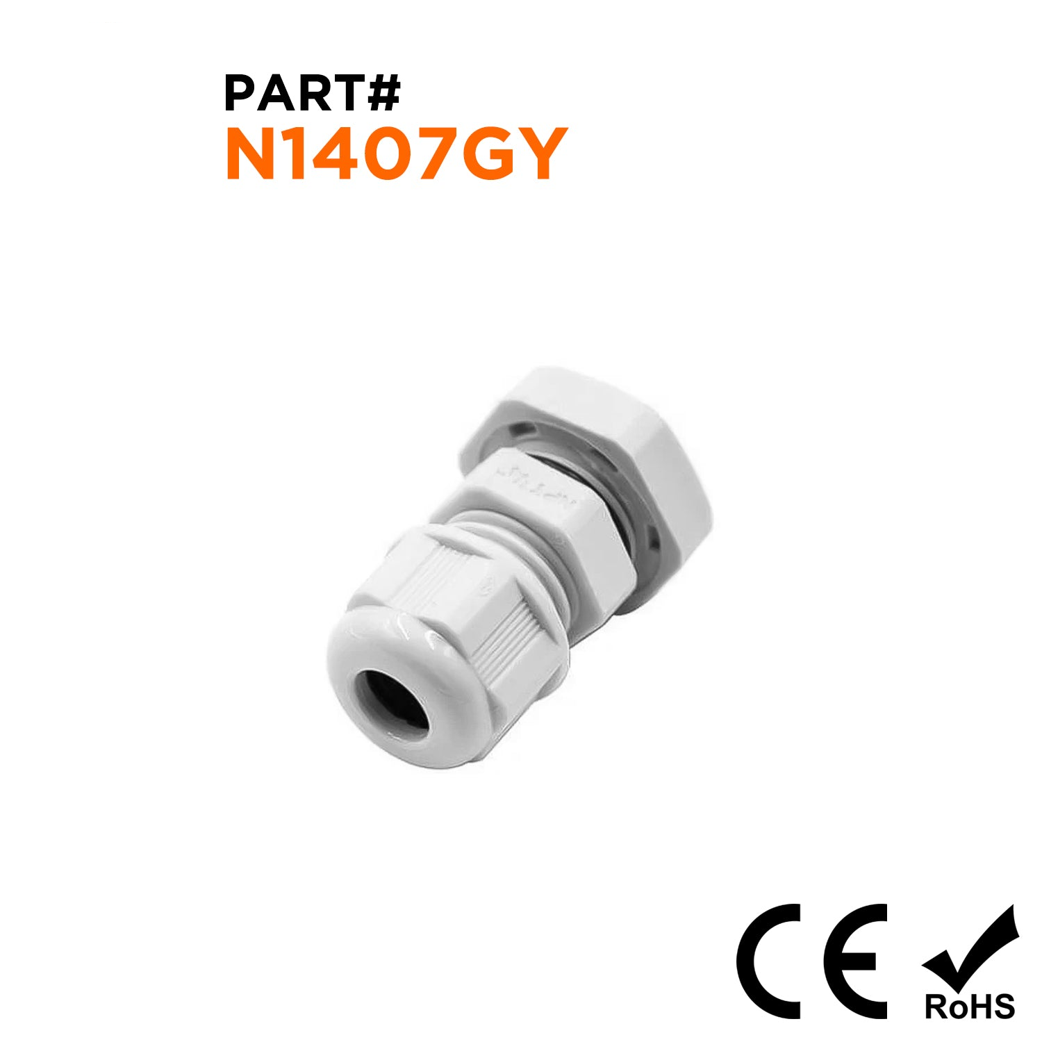 N1407GY - 1/4" NPT Thread Nylon Cable Gland, Gray, Range: 1/8" to 1/4", IP68, IP69K - 1 Piece