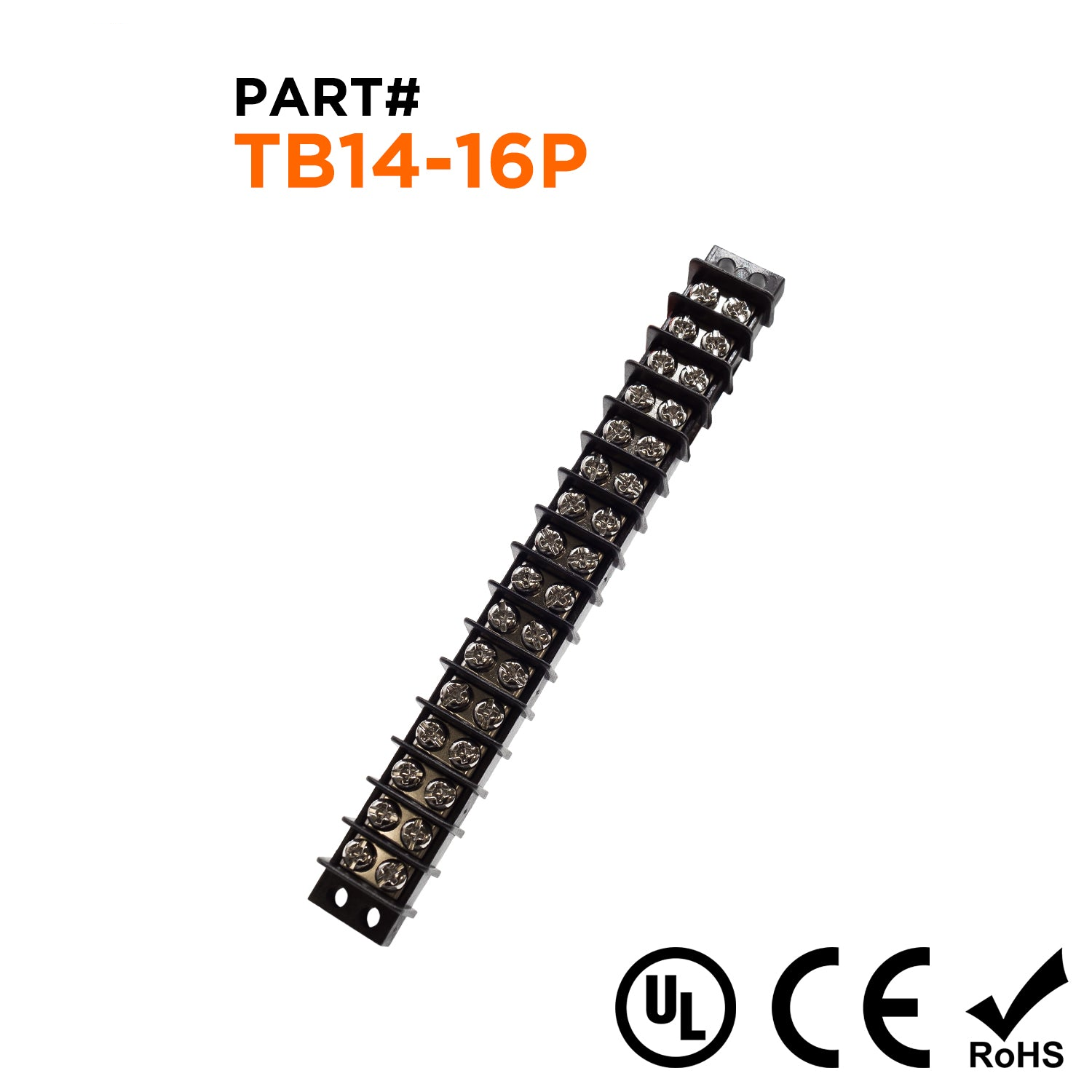 TB14-16P - Barrier Strip Terminal Block, Terminal Strip, 16 Pole, Double Row, 15A, 300V, UL Approved, 1 Piece