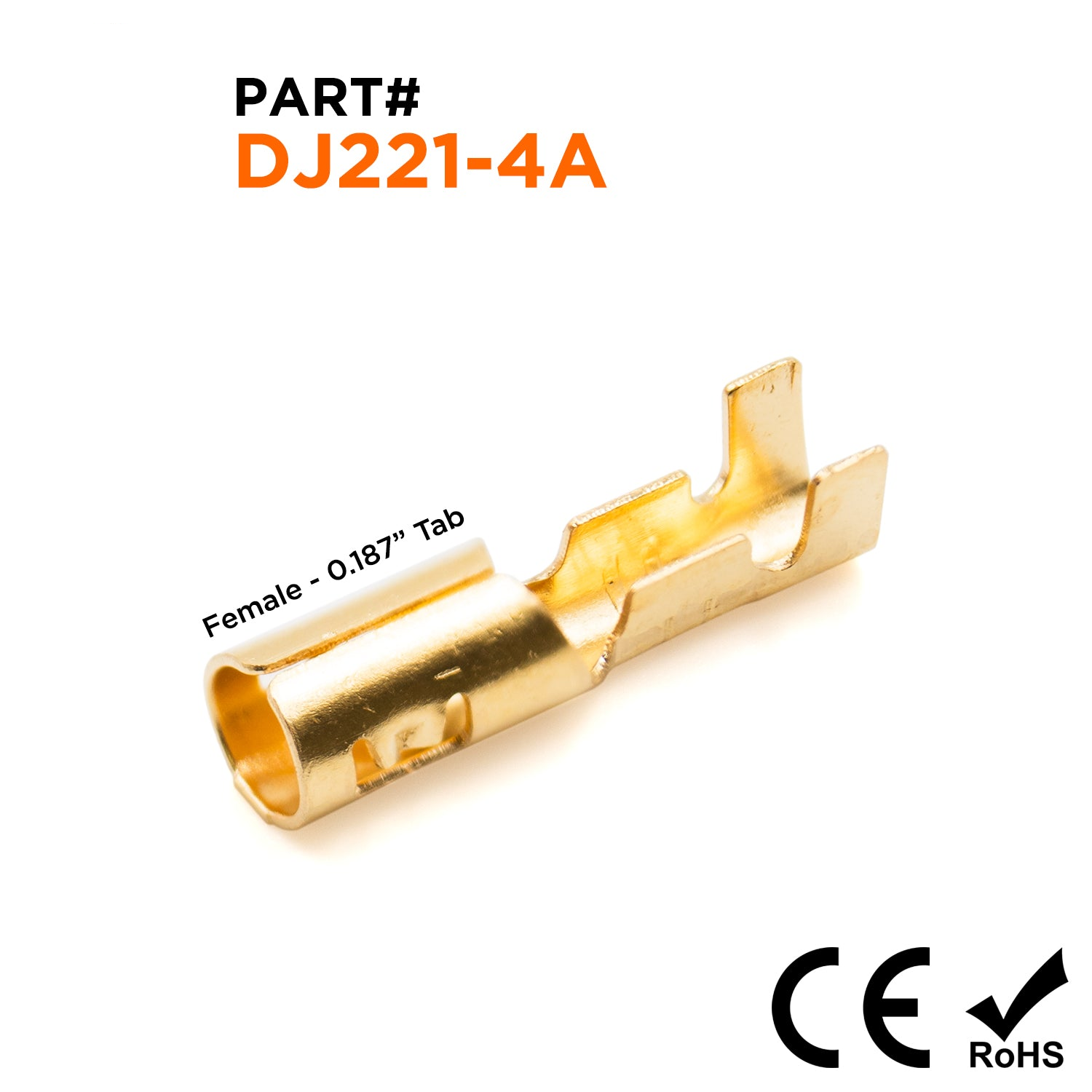 DJ221-4A - 22 a 18 AWG Conectores tipo bala, Female, Brass, Open Barrel, 0.187" Tab, 100 piezas