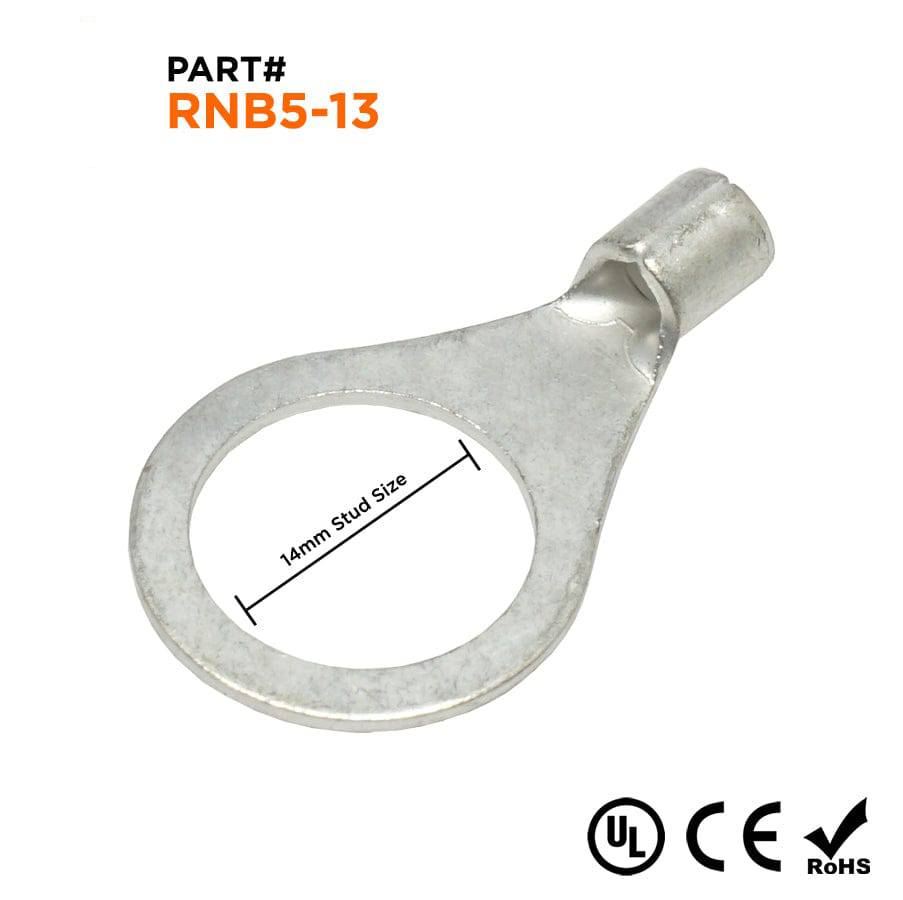 RNB5-13 - 12 to 10 AWG Non Insulated Ring Terminals, 1/2" Stud, UL Recognized, 50 Pieces
