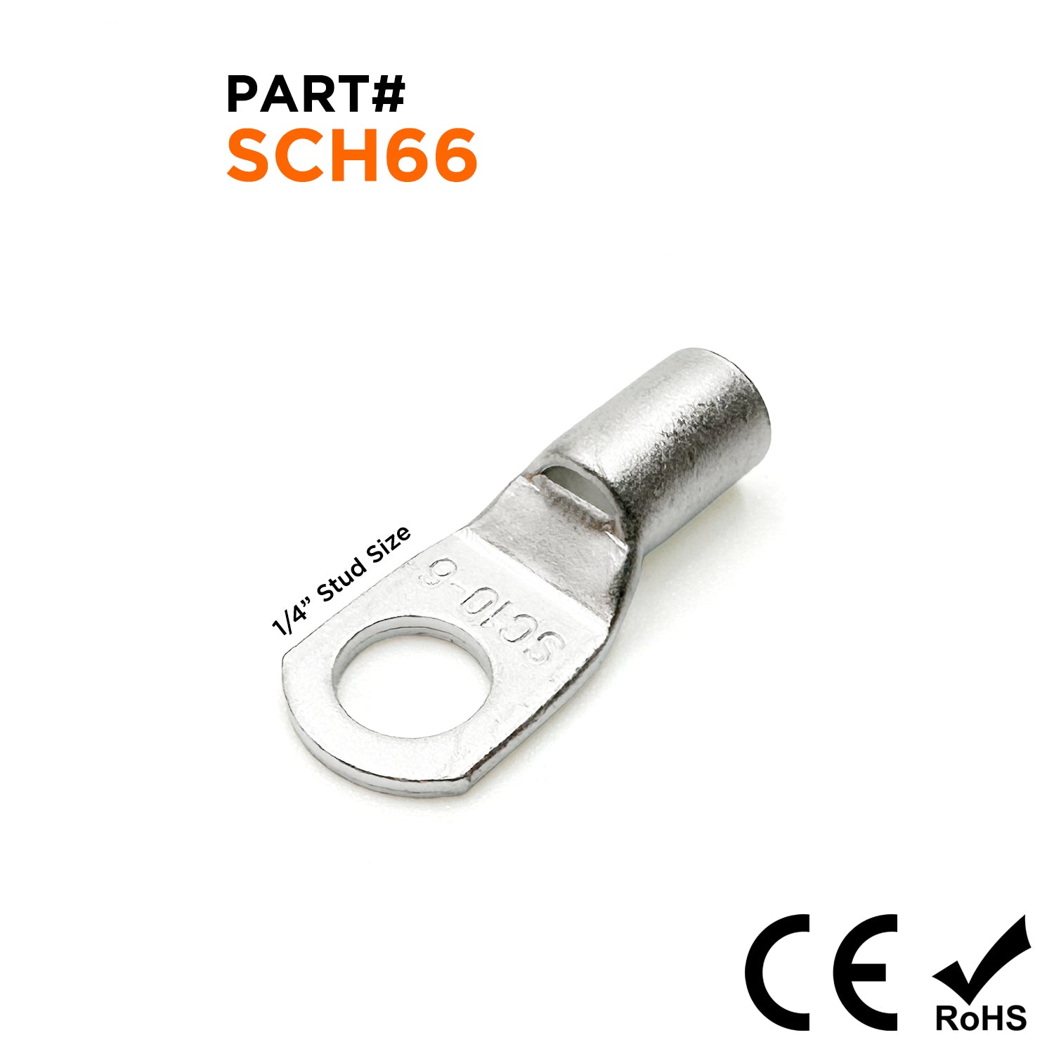 SCH66 - 10 AWG Non Insulated Tubular Ring Lugs. 1/4" Stud, 50 Pieces