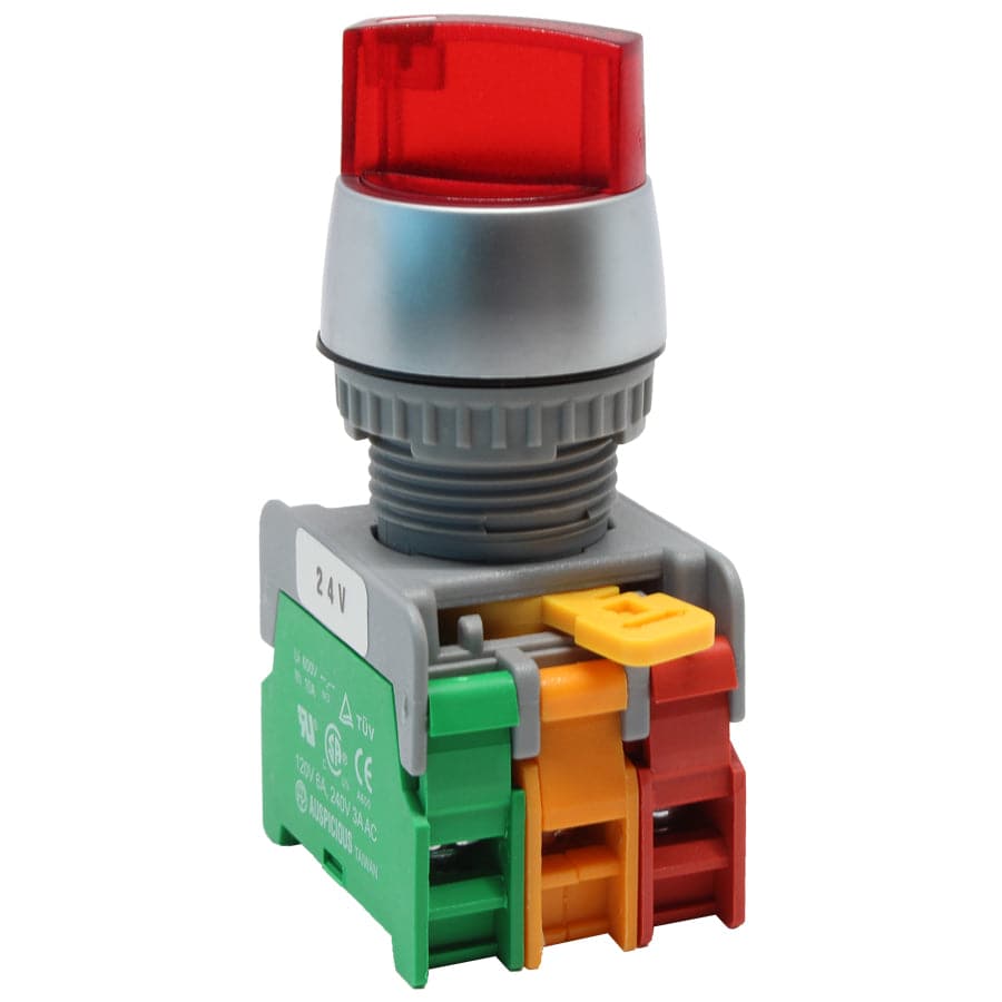 SL22-1O/C-24-RD - Illuminated Twist Knob Switch - 2 Contact (1O/C) - 2 Positions (1-2) - 24V Red