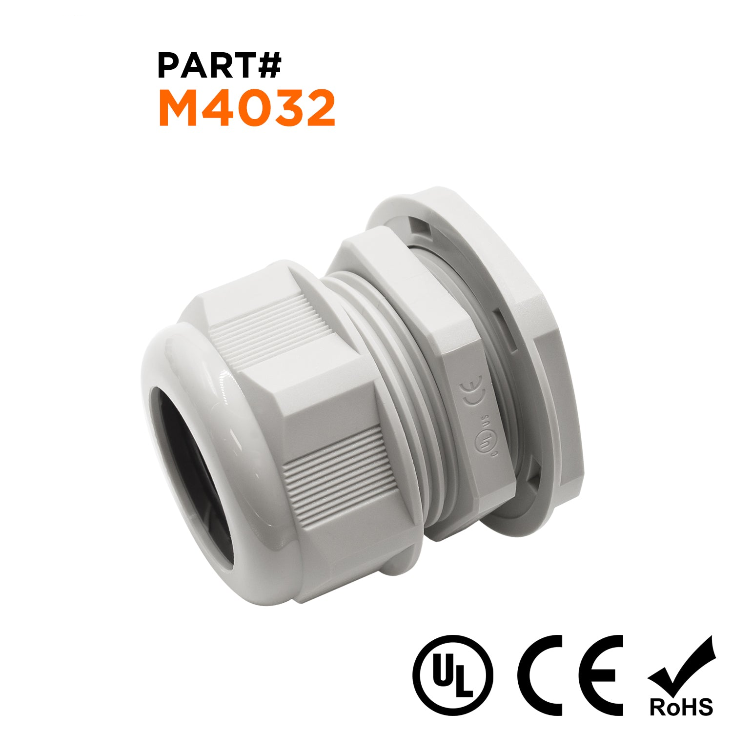 M4032GY - M40 x 1.5mm Metric Rosca De nailon Prensaestopas, Gris, Rango: 7/8" a 1-1/4", UL Listed, IP68, IP69K - 1 pieza