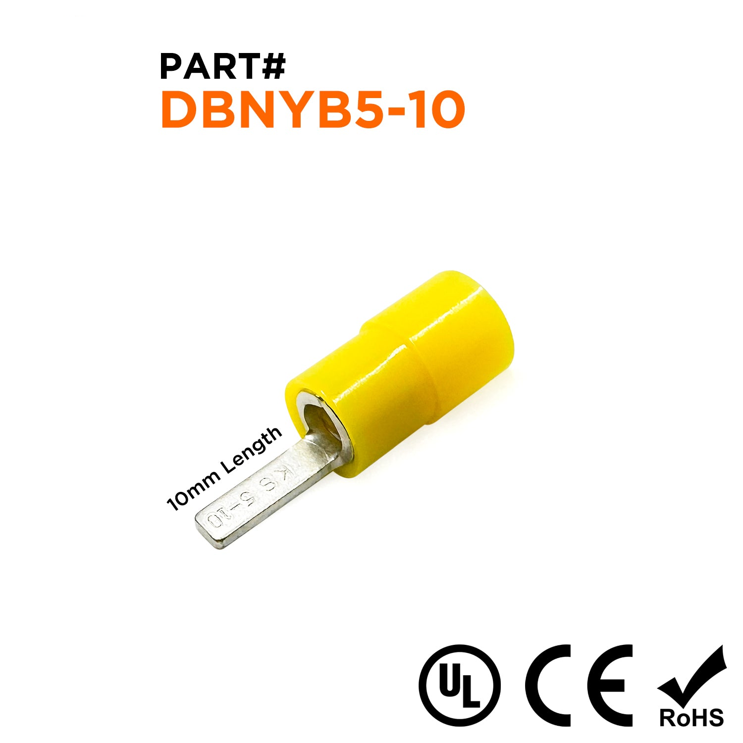 DBNYB5-10 - 12 a 10 AWG De nailon Flat Blade Terminales, Amarillo, 10mm Pin, 50 piezas