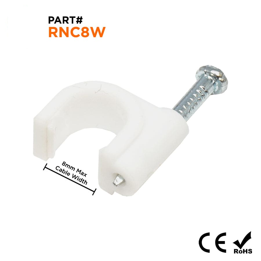 Nail In Cable Clips, Ethernet Cable Nails Tacks, Round, 8mm, 0.31", White, 100 Pieces - RNC8W