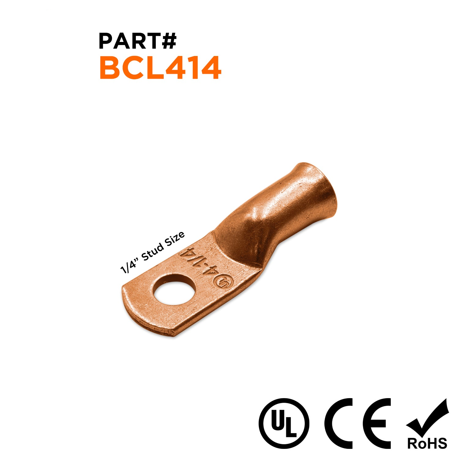 BCL414 - 4 AWG Copper Battery Cable Lugs, Terminal Lugs, 1/4" Stud, 1 Piece