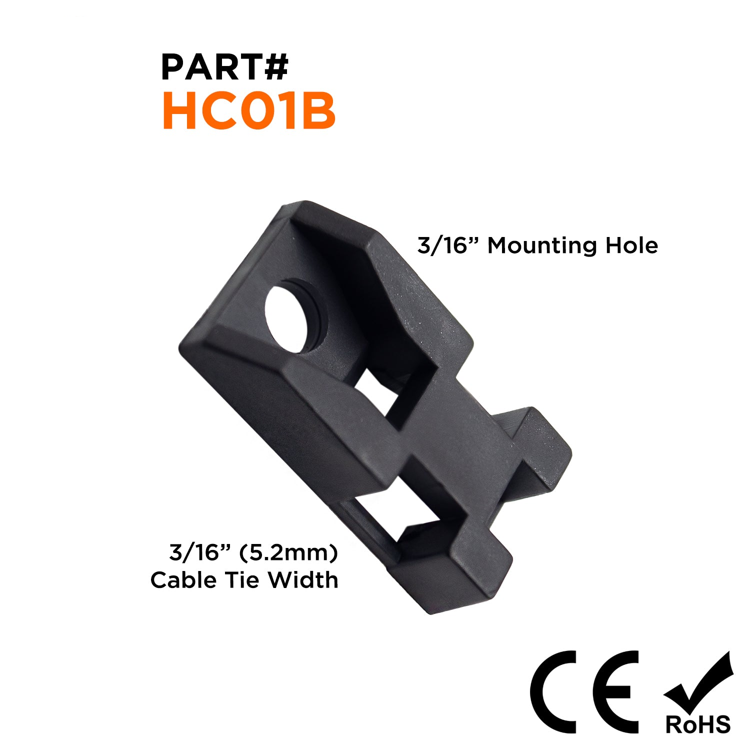 HC01B - 15/16"L x 1/2"W Nylon Saddle Tie Mounts: Tie Width: 3/16", Screw Width: 3/16", Black, 100 Pieces
