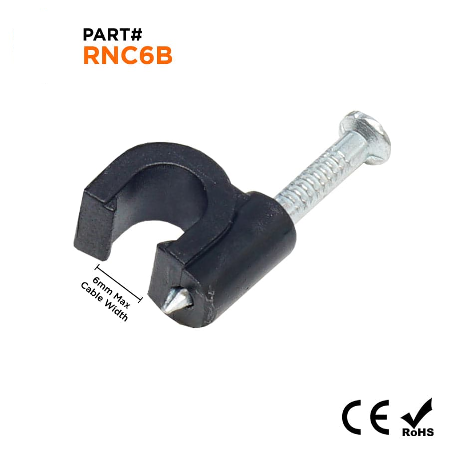 RNC6B - 1/4" Nail In Cable Clips, Ethernet Cable Nails Tacks, Round, Black, 100 Pieces