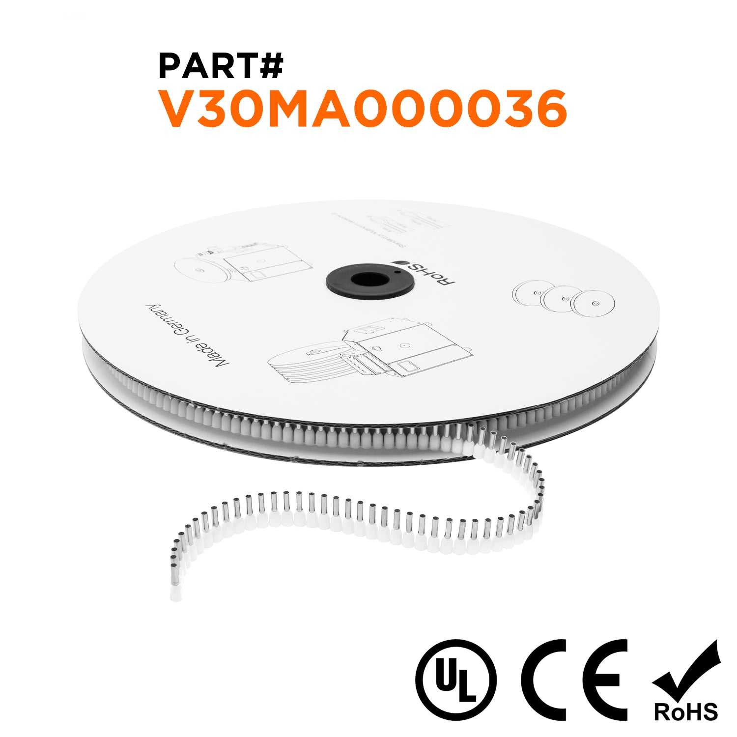 Z+F V30MA000036 - 20 & 18 AWG Insulated Punteras, 8mm Pin, Blanco, 5,000 piezas Reel/Spool