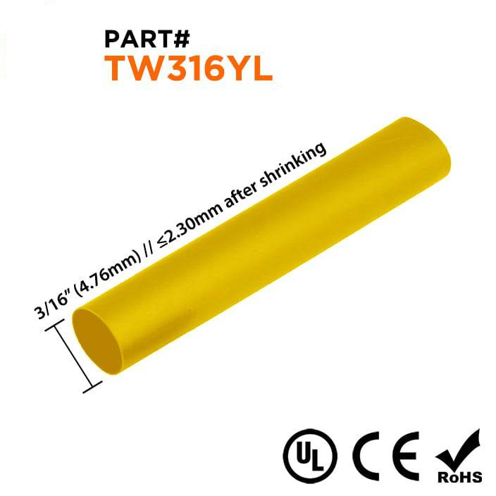 TW316YL - 3/16" De pared fina Tubo termorretráctil, 2:1 Relación de contracción, Amarillo, Bobina de 250ft