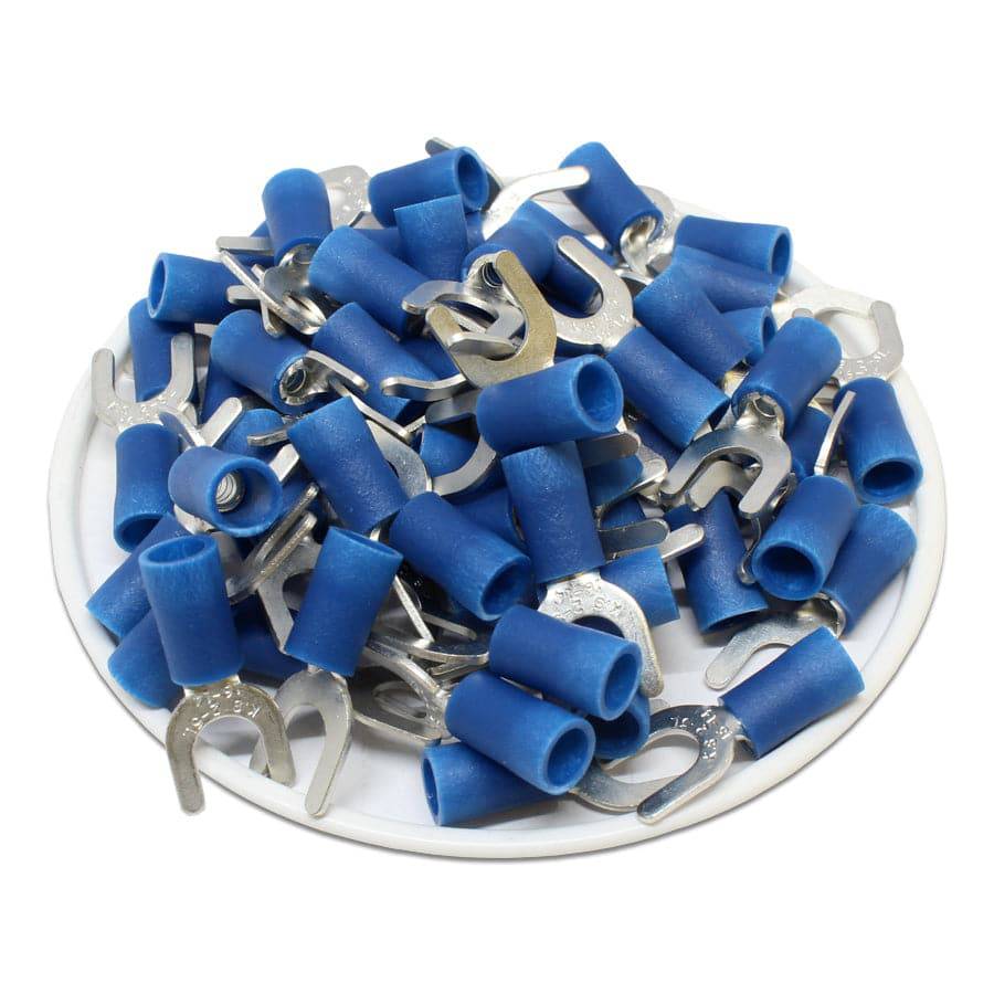 SVL2-5 - 16 a 14 AWG Vinyl PVC Insulated Terminales de horquilla, #10 Orificio, Azul, 100 piezas