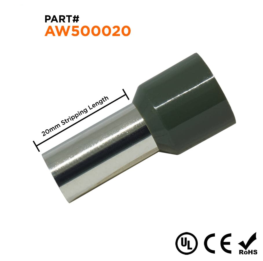 AW500020 - 1 AWG Single Insulated Punteras, 20mm Pin, Olive Verde, UL Recognized, 50 piezas
